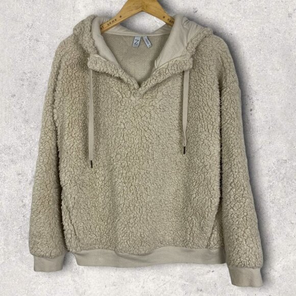 Nordstrom Zella‎ Sherpa Fleece Pullover Hoodie Size XL Beige Cream Sweater Hood - Picture 2 of 11